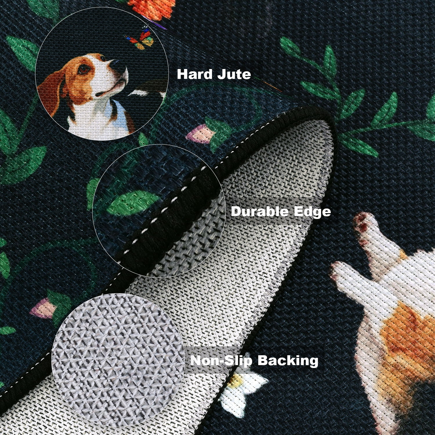 MJIAexp 2'x8' Jute Animal Dog Floral Kitchen Runner Rug,Woven Texture Machine Washable Runner Rug Non-Slip Rubberback Hallway Runner Laundry Rug Throw Carpet for Living Room Bedroom Dining Room Entry