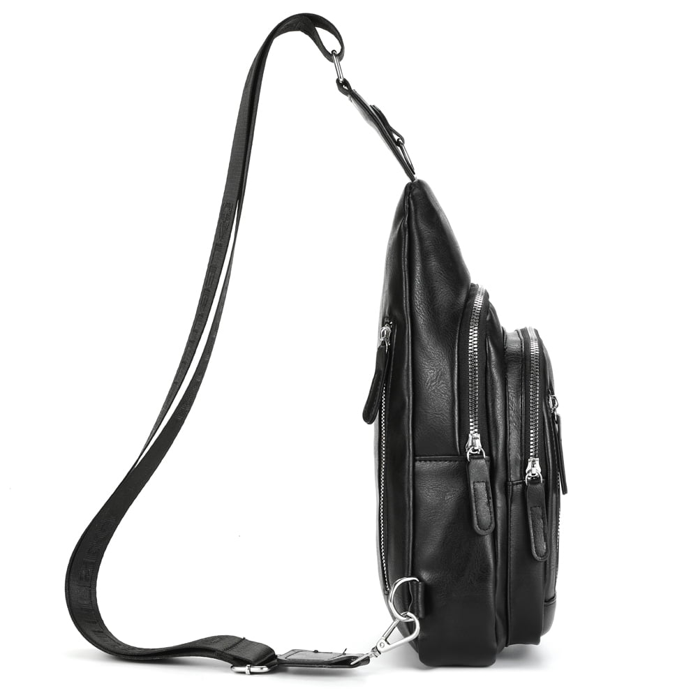 LEBULLBRO Sling Bag for Men Soft Leather Chest Bag Crossbody Backpack Travel Hiking Outdoor Sports Black