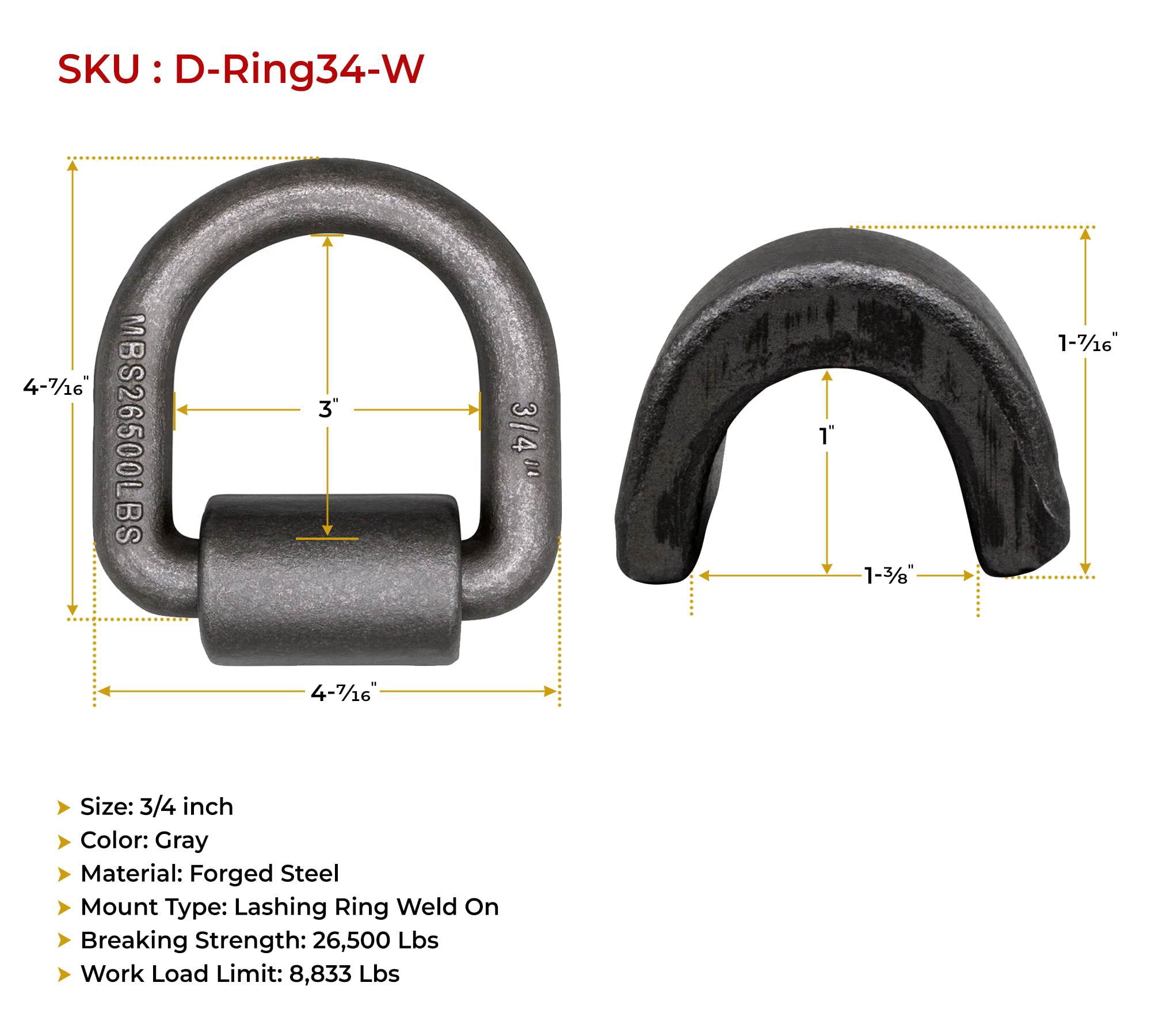 (4 Pack) 3/4" Heavy Duty Weld-On Forged D Ring Truck Trailer Tie Down