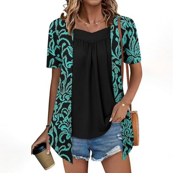 MaFYtyTPR Women's Fashion Printed Top Fashion Fake Two Piece Short Sleeve Round-Neck Blouses Top Light Green M