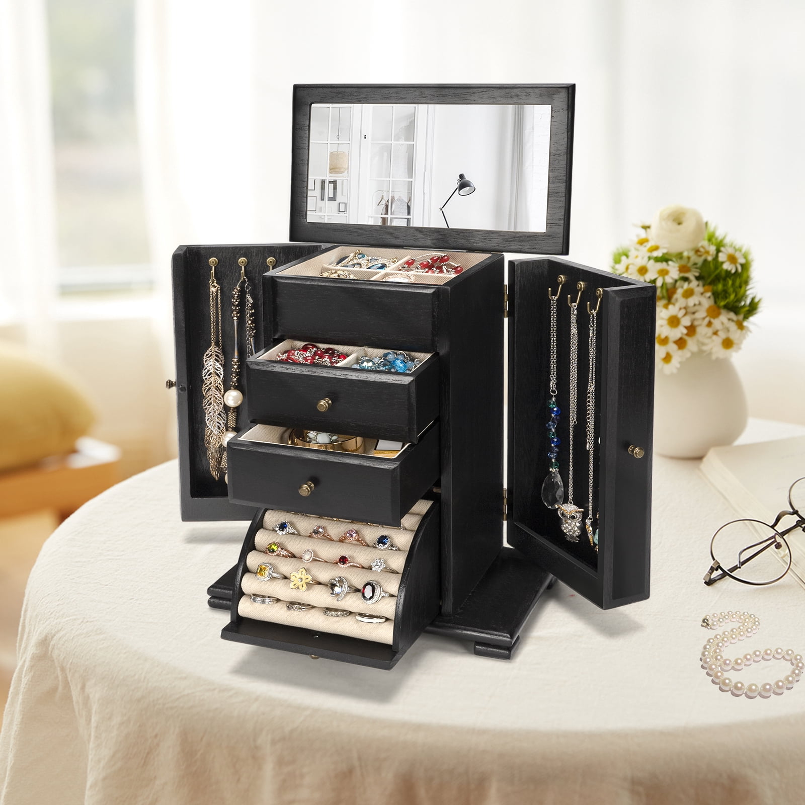 Sfugno Jewelry Box, 4 Layer Wooden Jewelry Boxes for Women, Jewelry Organizer Box Display for Rings Earrings Necklaces Bracelets,Black