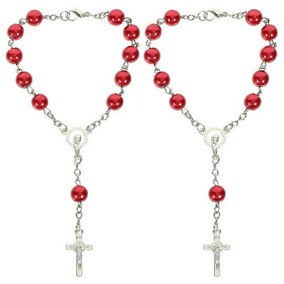 Car Rosary for Rearview Mirror Cross Pendant Auto Decors Hanging Accessories Women Men 2pcs Red Catholic Rosary Beads Metal