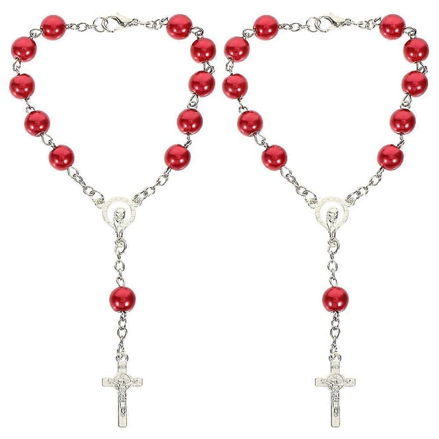 Car Rosary for Rearview Mirror Cross Pendant Auto Decors Hanging Accessories Women Men 2pcs Red Catholic Rosary Beads Metal
