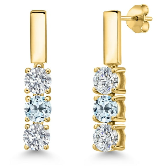 Gem Stone King 18K Yellow Gold Plated Silver White Lab Grown Diamond and Sky Blue Topaz Drop Dangle Earrings for Women | 1.70 Cttw | Gemstone April Birthstone | Round 5MM