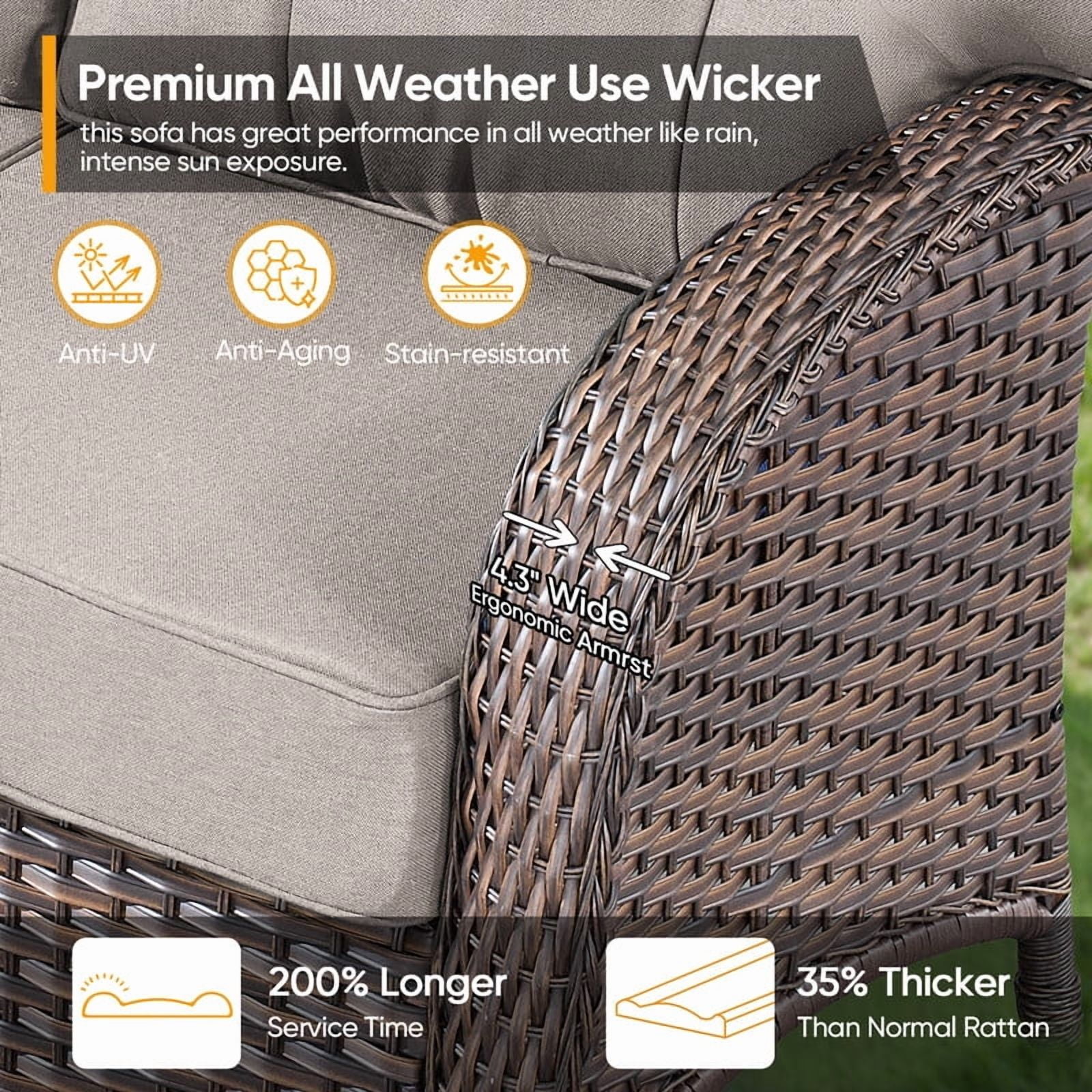 PARKWELL 6-Piece Outdoor Furniture Set with 41-Inch Propane Firepit - Rattan Cushioned Sofa and Wicker Swivel Glider Chairs,Outdoor Seating for Backyard Gatherings, Brown/Beige