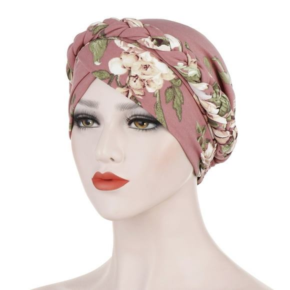 Arab Wrap Head Scarves Printed brushed milk silk turban cap floral fabric short braid head wrap cap back can hide hair Leather Pink