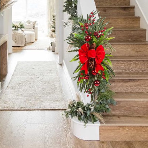 Guirnalda navideña artificial para escaleras, decoración navideña para escaleras, guirnalda navideña para repisa, barandilla, pared, decoración del Rojo