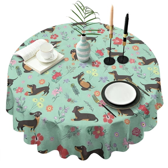 Dachshunds and Pioneer Flower Round Tablecloth 60"x60",Wrinkle Wipeable Table Cloth for Kitchen Dining Room Picnic Patio Party