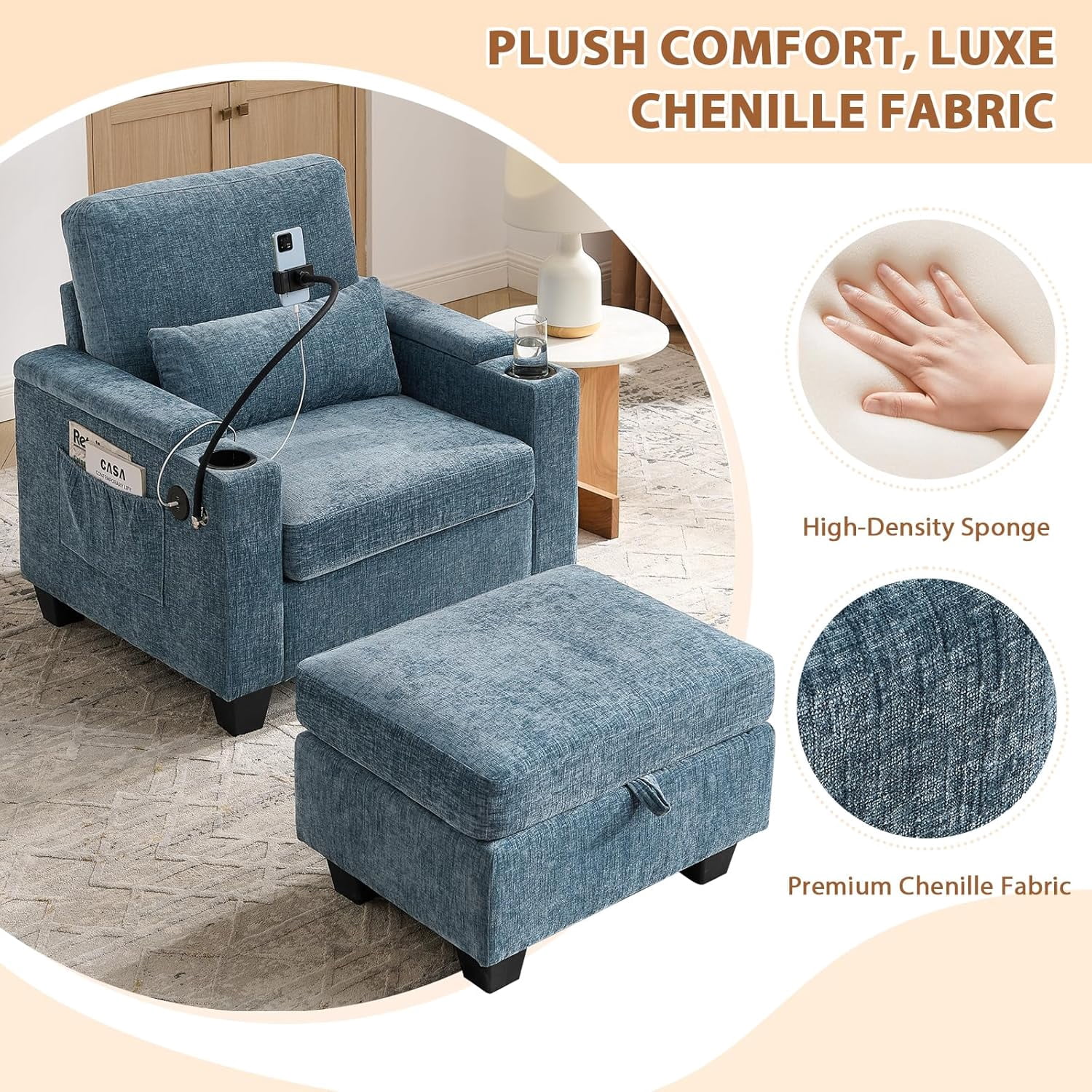MOONMISS Oversized Chaise Lounge Chair Indoor, Single Convertible Recliner Reading Arm Sofa Chair W/Adjustable Backrest & Charging Port Couch Bed for Living Room, Home Theater & Bedroom,Blue