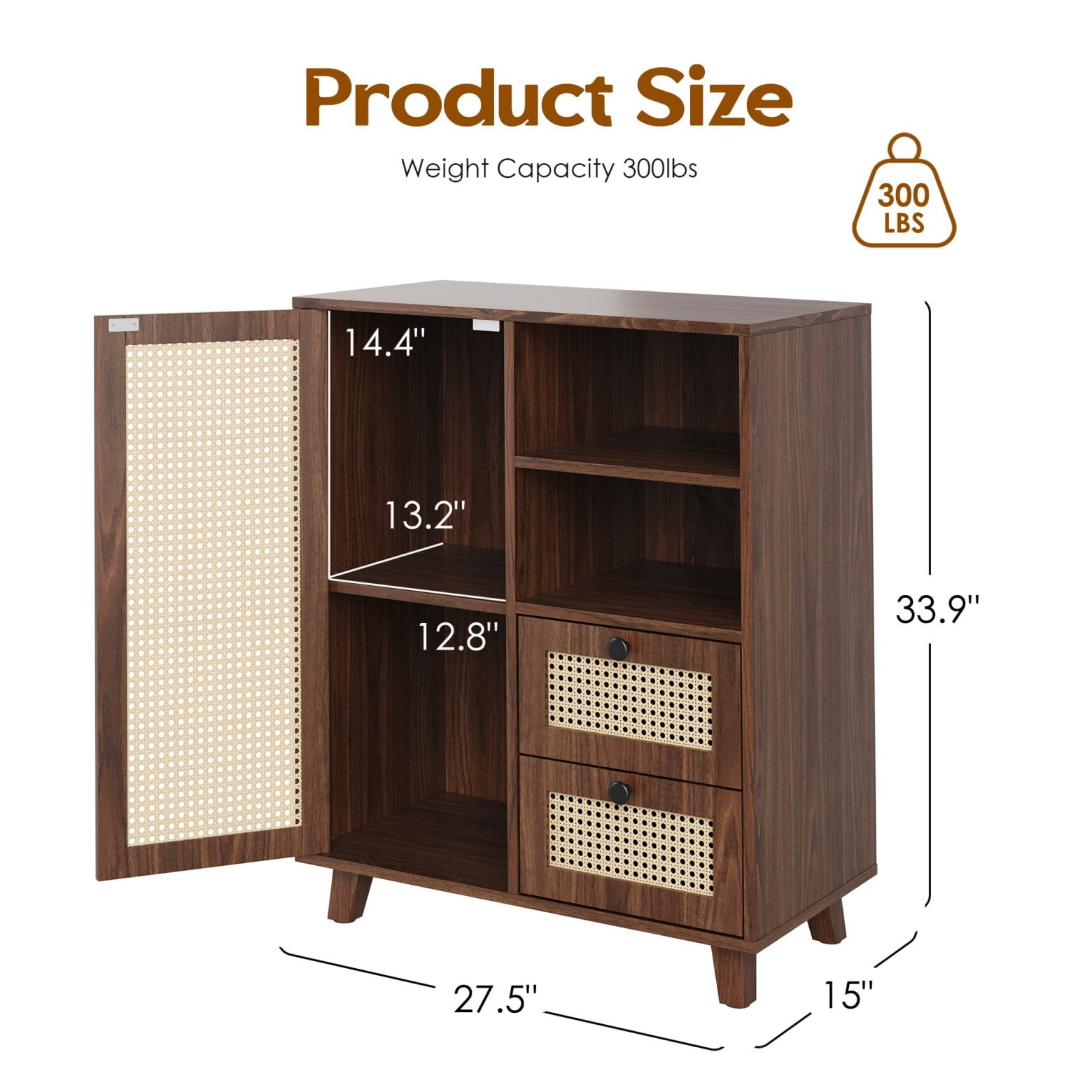 Rattan Buffet Cabinet with Drawers & Adjustable Shelf, Modern Farmhouse Sideboard Storage Cabinet for Living Room, Kitchen, Entryway, Walnut