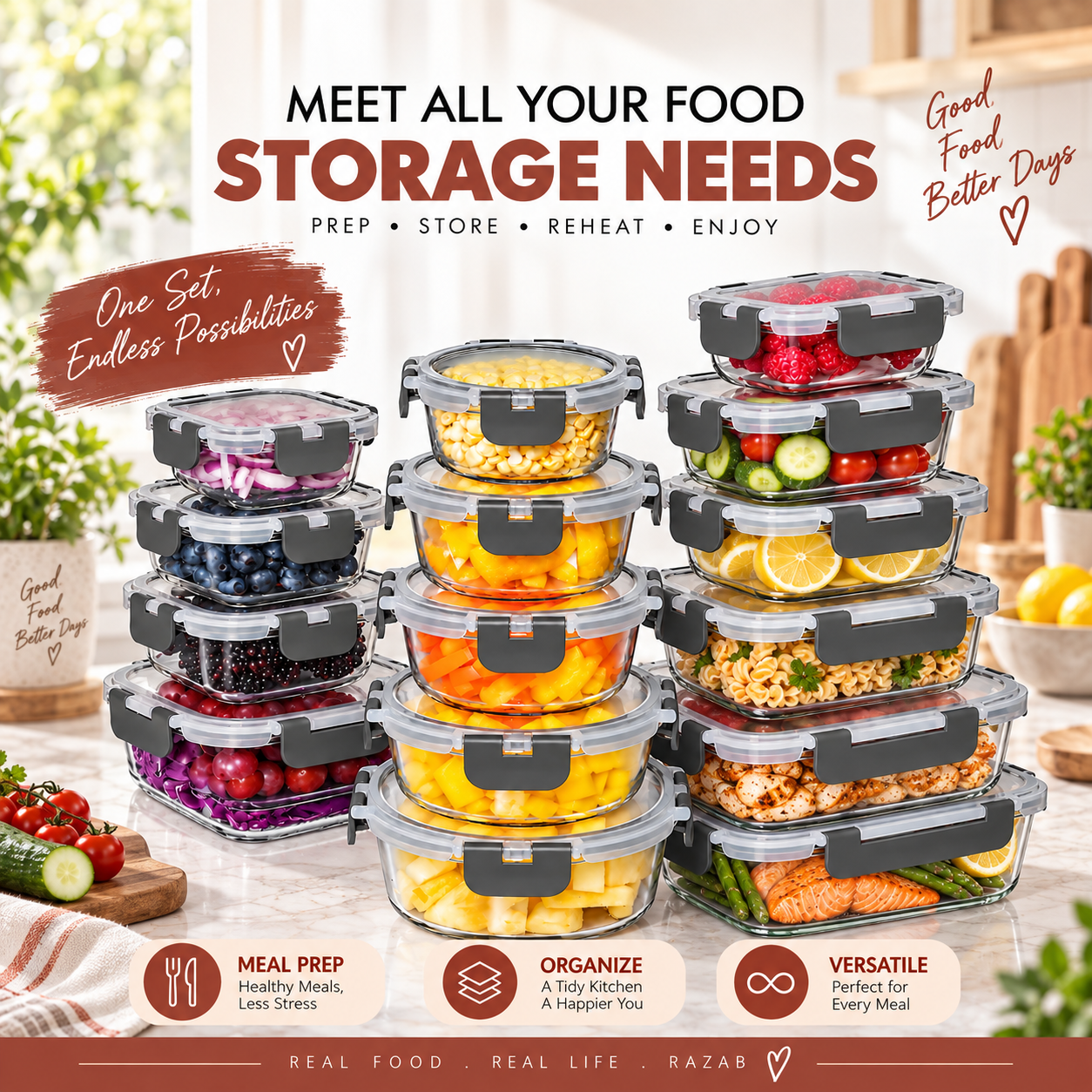 Razab 15-Piece Borosilicate Glass Food Storage Container Set photo 4