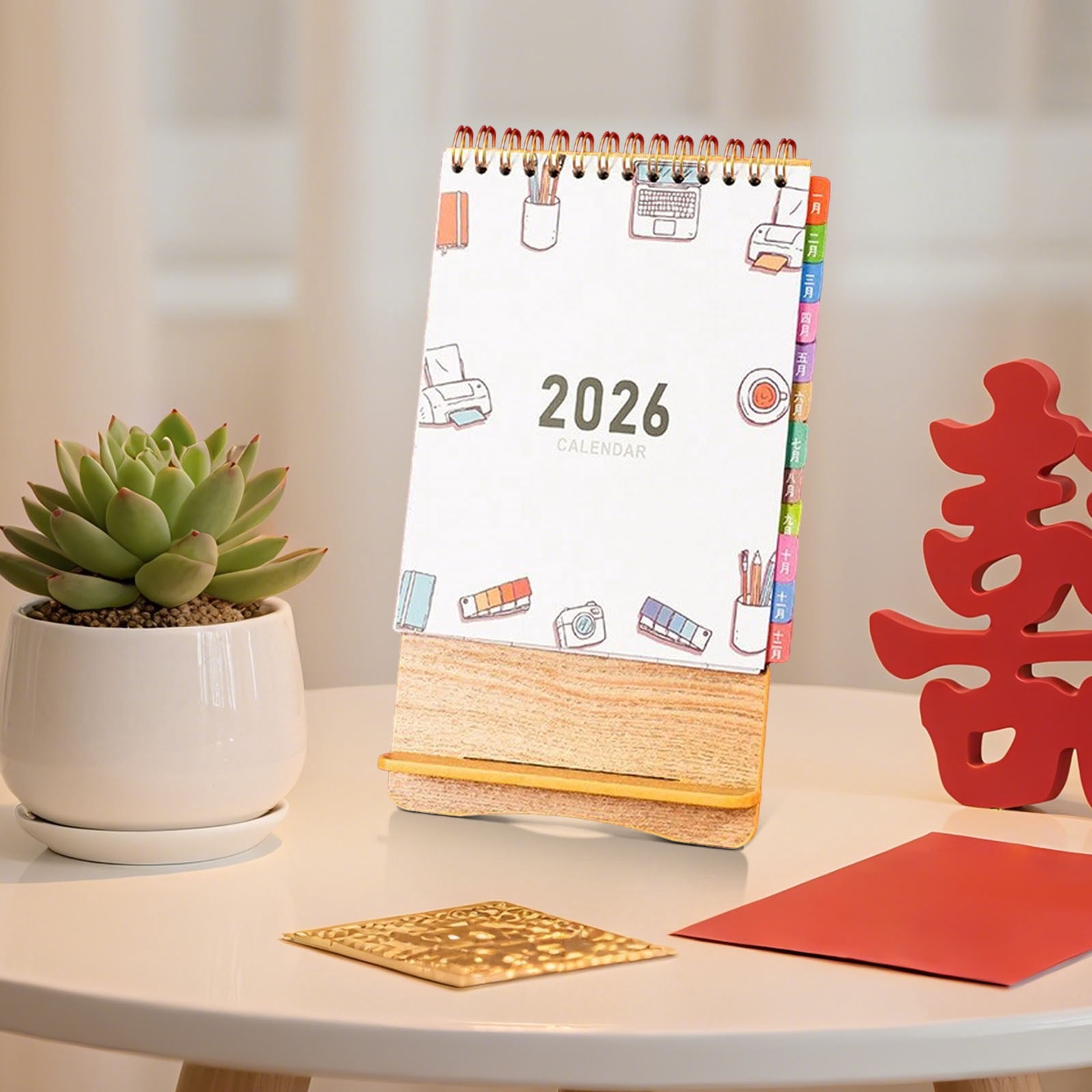 Weloille 2026 Wooden Desk Calendar Festive Red Mini Office Desktop Planner with Thick Paper Stand and Holiday Markings