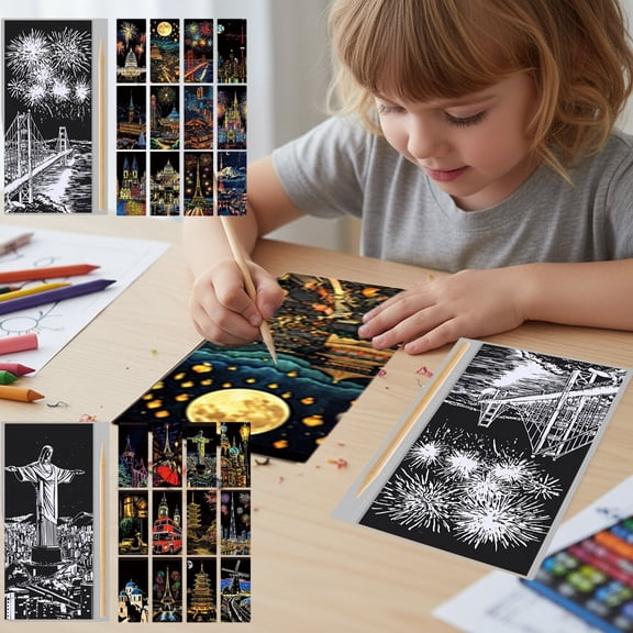 Lwlmwt 12pcs Scratch Art Paper,Rainbow Painting Night View Scratchboard,For Mindfulness And Stress Relief,for Kids & Adults