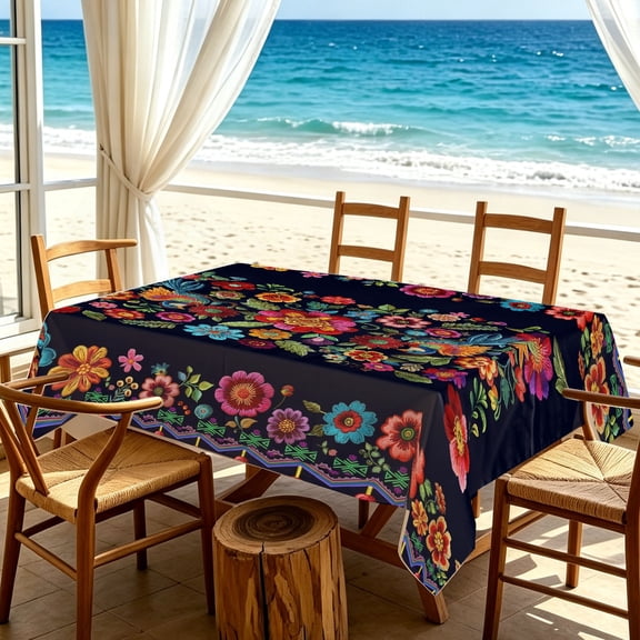 Vibrant Mexican Folk Colorful Floral 2D Print Rectangular Tablecloth, Fiesta Table Cover for Cinco de Mayo, Summer Picnics, Family Gatherings, Kitchen Patio Courtyard Daily Dining Decor