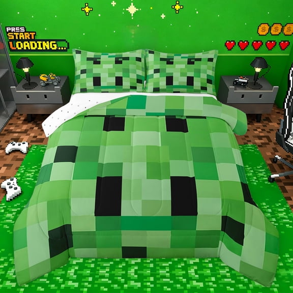 Feelyou Pixel Grid Miners Full Size Comforter Sets, Cartoon Gaming Gamer Bedding Comforter Set, Teens Kids Boys Girls Reversible Bedding Sets, Lightweight Room Decor, 3 Pieces
