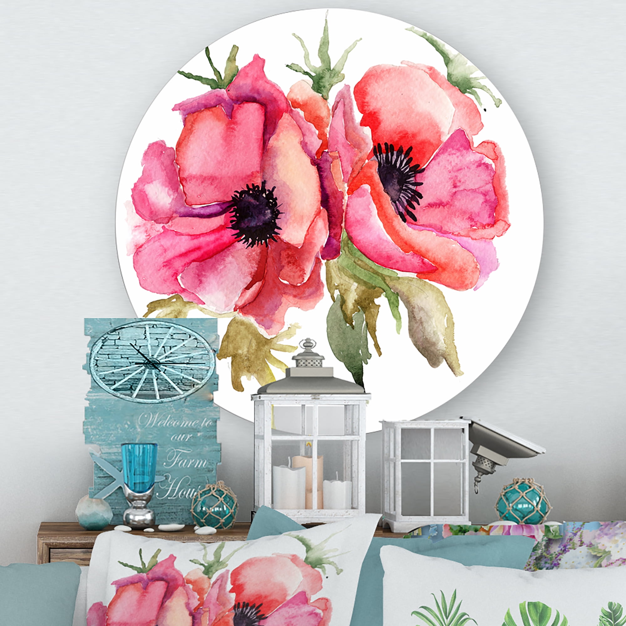 Designart 'Stylized Pink Poppy Flowers' Traditional Circle Metal Wall Art 11x11 - Disc of 11
