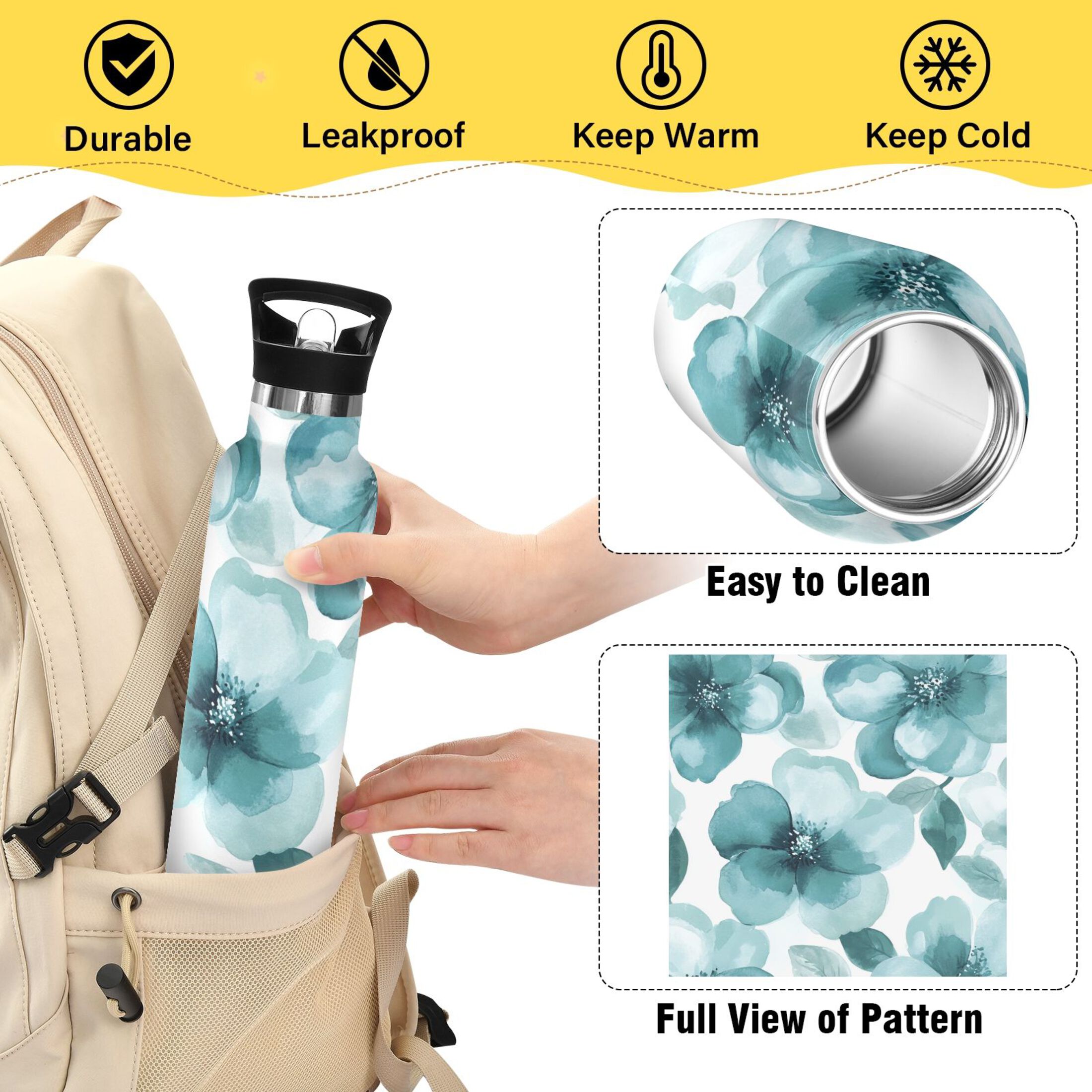 600ML Stainless Steel Insulated Cup Sports Water Bottle Portable Thermos Cup Water Glasses Insulated Tumblers Convenient and Durable Cartoon Turquoise Flowers Seamless
