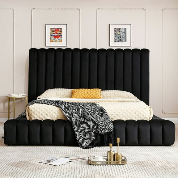 Avalon Velvet Upholstered King Platform Bed in Black