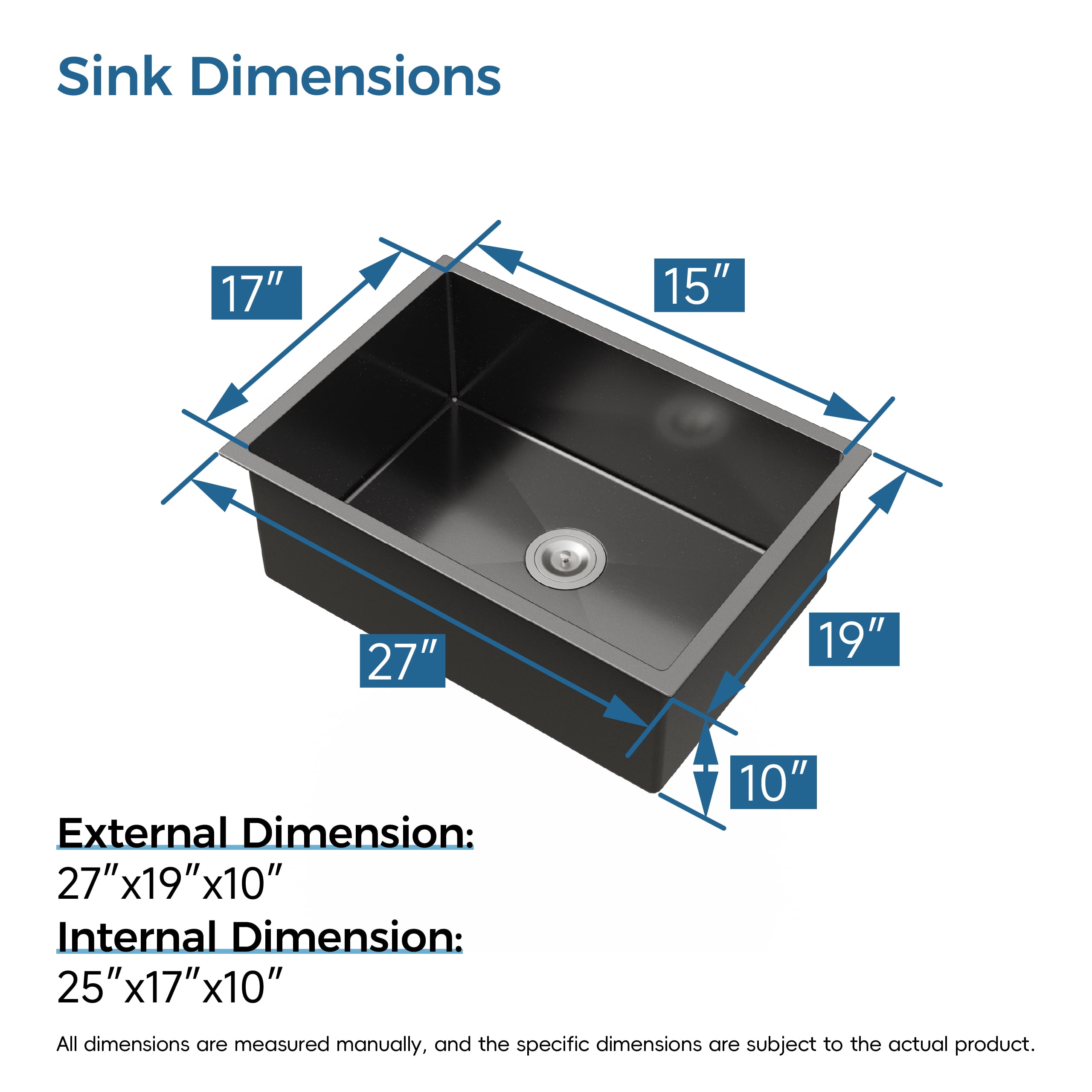Boyuevi Stainless Steel Kitchen Sink, 27″x19″ Single Bowl, Undermount Handmade Sink in Black, with US Standard Drain and Hook