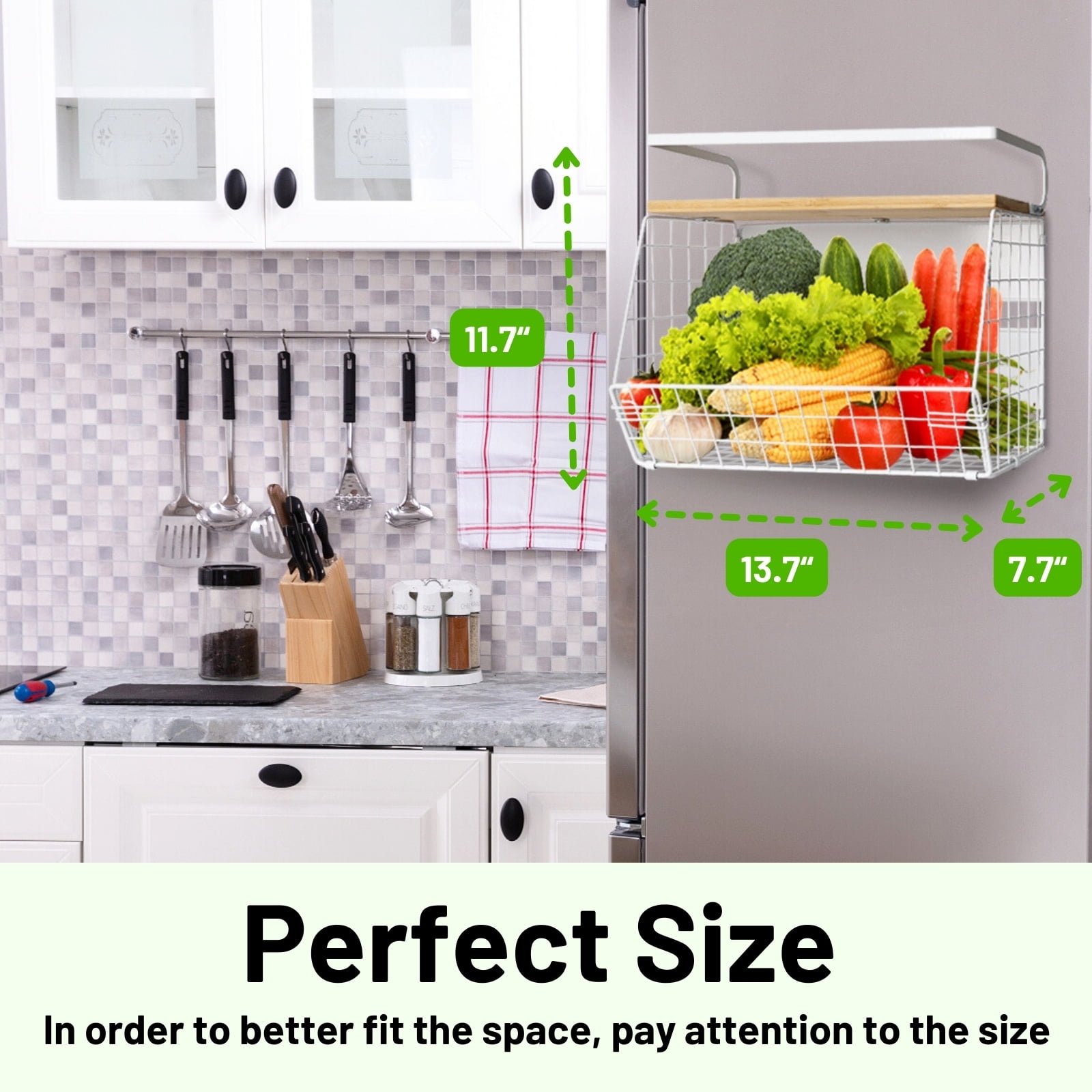 Ofiray-home Magnetic Fridge Shelf with Wood Lid, Fruit Potato Onion Storage Bins, Pantry Organizers, Large Container Spice Rack for Refrigerator, Kitchen Counter, Cabinet (2, White)