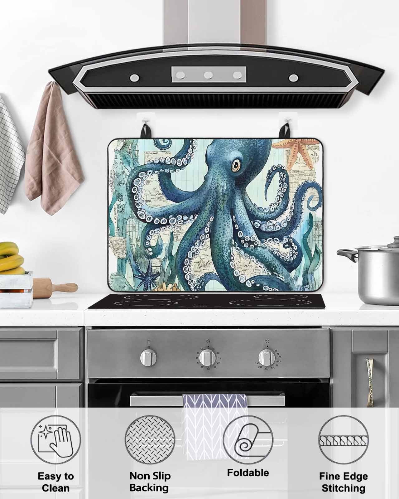 nqOlkjepod Large Induction Cooktop Protector Mat 24"x21", Ocean Octopus Stove Top Covers for Electric Stove, Nautical Coastal Vintage Starfish Coral Stove Burner Cover Mats, Glass Top Stove Cover