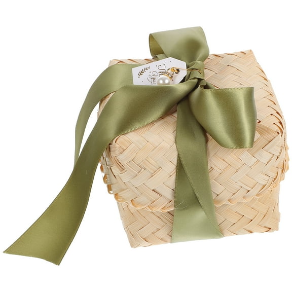 unbranded  Basket Handmade Bamboo Woven Gift Box with Lid (moss Green Satin Ribbon Style)