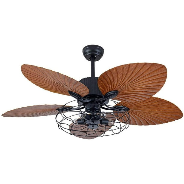 Oukaning 52 Inch Fan Chandelier Black Metal Lamp Shade Wooden Leaf Type Ceiling Remote Control Com Oukaning 52 Inch Fan Chandelier Black, How To Put A Lamp Shade On Ceiling Fan