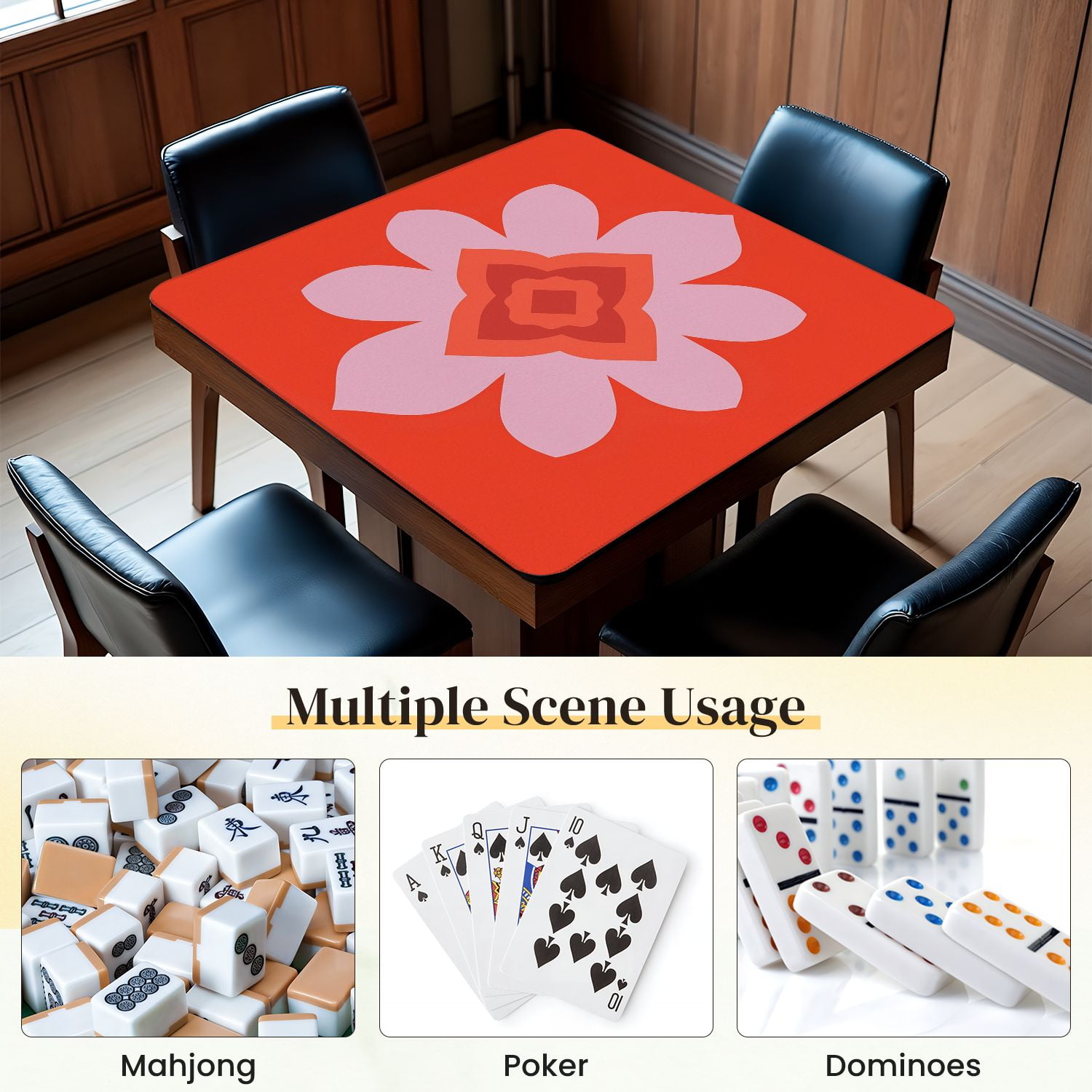 Mahjong Mat 31.5" x 31.5" Abstract Pink Flower Geometric Shapes Vibrant Red Anti-Slip and Noise Reduction Symmetry Design Mahjong Tiles Table Cover for Dominoes Poker Card Board and Tile Games