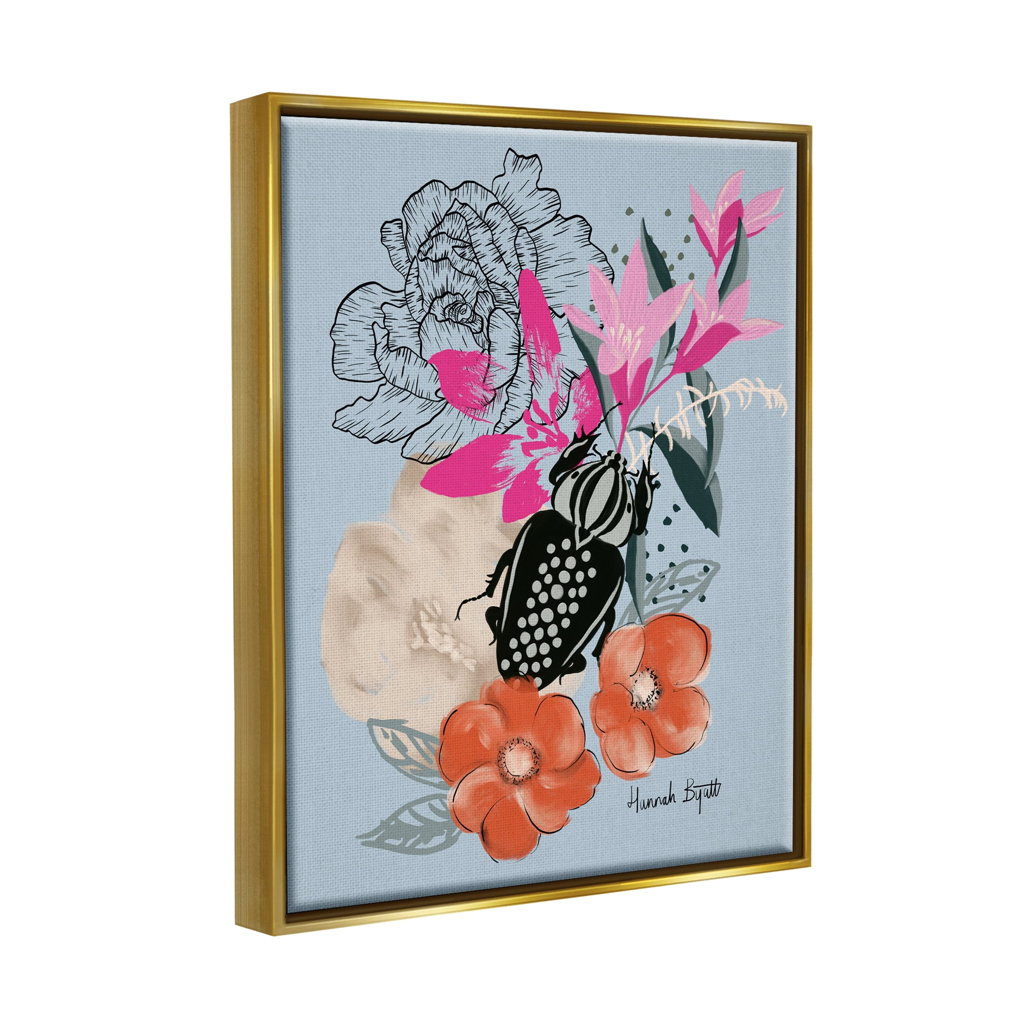 Stupell Industries Beetle & Mixed Flowers Animals & Insects Painting Gold Floater Framed Art Print Wall Art, 17 x 21