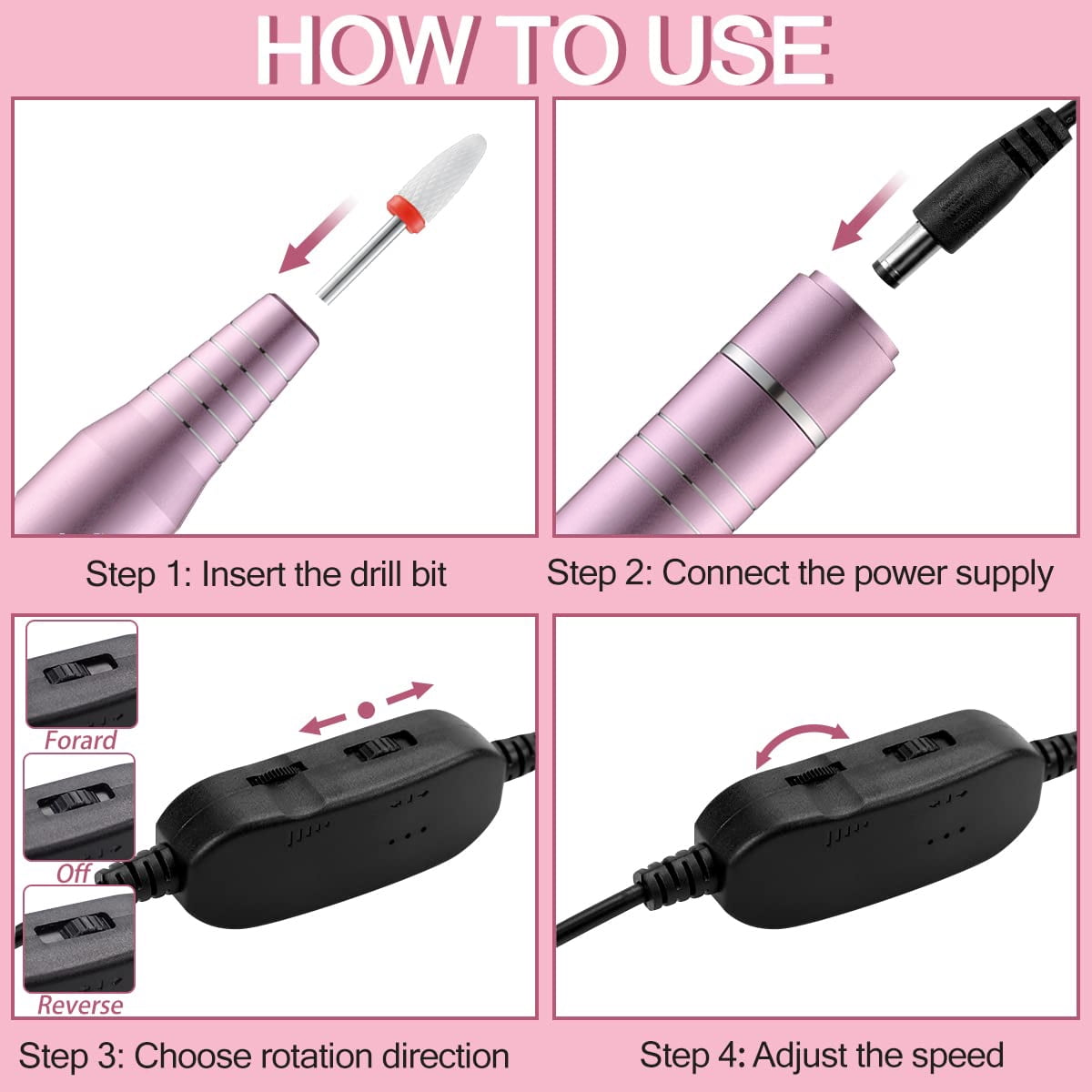 AsterOutdoor 30,000RPM USB Nail Drill Machine Acrylic Gel Polish, Electric Manicure Machine, Pink