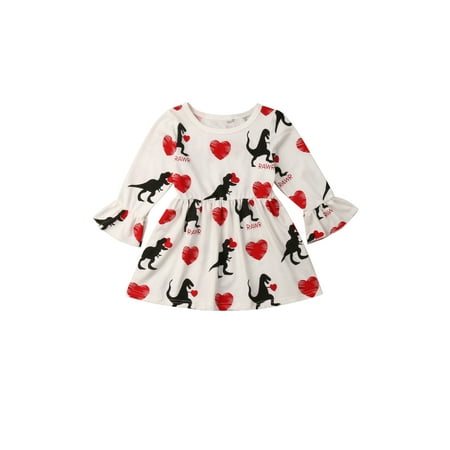 

Toddler Girls Long Sleeve Autumn Dress Dinosaur Love Print Skirt Lotus Leaf Sleeve Slim Fit Breathable Princess Dress 2-6 Years