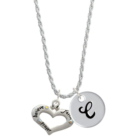Delight Jewelry Silvertone Heart with 3 AB Crystals - Believe Faith Prayer Silvertone Script Initial Disc - C - Charm Necklace, 20"+3"