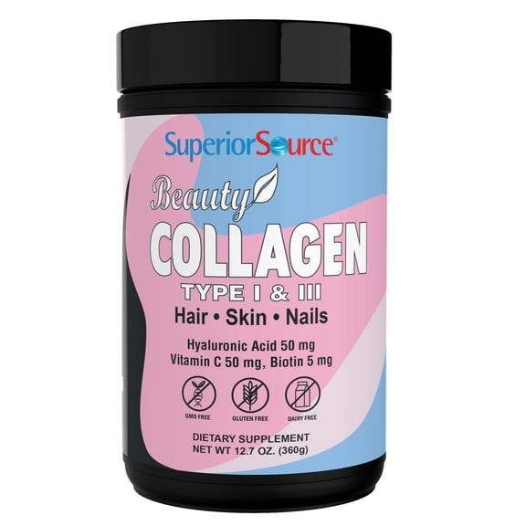 Superior Source Beauty Collagen - Collagen Powder from Grass-Fed Cows - Supports Healthy Hair, Nails & Skin - Features Biotin, Vitamin C & Hyaluronic Acid - 12.7 oz