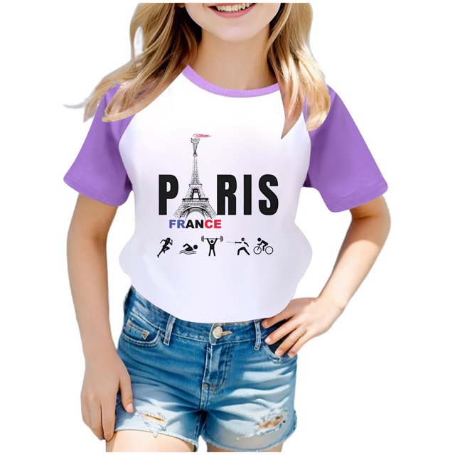 Toddler Girls Summer Tops Tees Fashion Games Letter Graphic Printed Raglan Color Block Short Sleeved Pullover Tee Blouse Daily Spring Shirts For Kid 2-3T