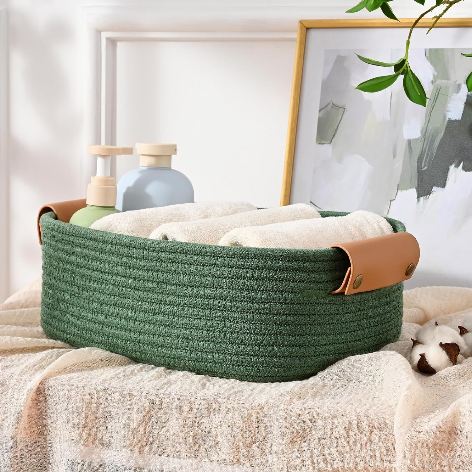 Natubeau 6 Pack Green Woven Storage Baskets, Stackable Cotton Rope Organizer Bins, Sturdy Decorative Rectangle Basket for Shelf, Kitchen, Bathroom, Bedroom & Home Organization