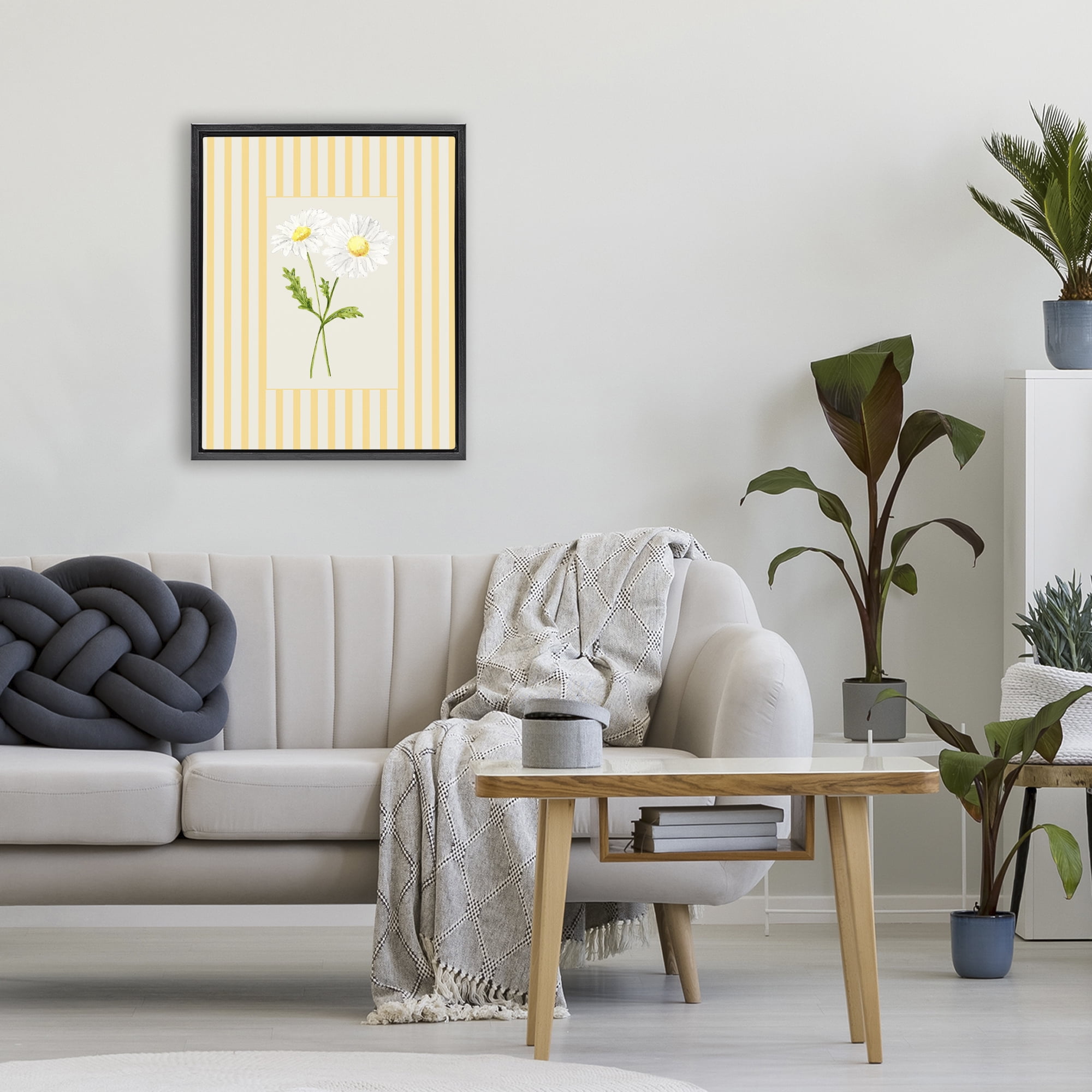 Yellow Stripe Daisy Black Framed Floater Canvas Wall Art, design by Lisa Wehmeyer