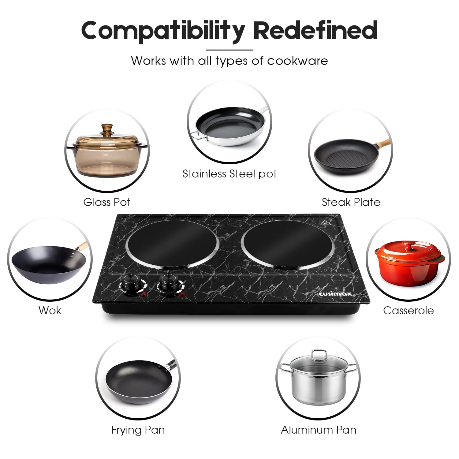 CUSIMAX 1800W Portable Ceramic Double Hot Plate – Dual Infrared Cooktop with Independent Controls, Stainless Steel & Glass Electric Burner for Countertop Cooking