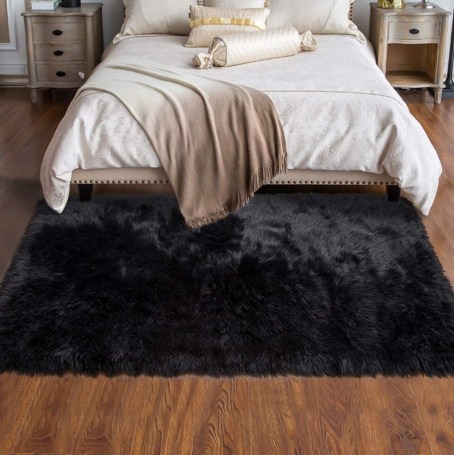 Junovo Luxury Fluffy Area Rugs Areary Rug for Bedroom Shaggy Rugs Area Carpet for Living Room Bedroom,4'x6',Black