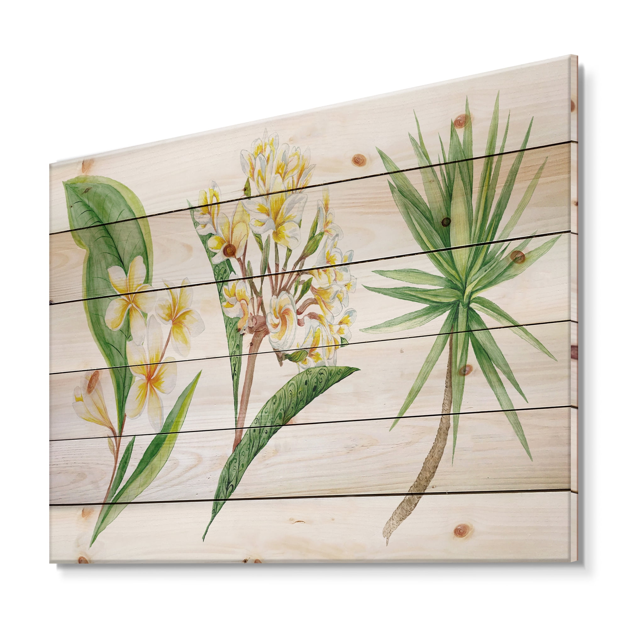 Designart 'Yellow Flowers and Tropical Foliage XII' Traditional Print on Natural Pine Wood
