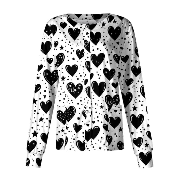 UoCefik Valentines Day Nurse Jackets for Women Scrub Love Heart Print Nursing Loose Snap Front Working Uniform Fashion Crewneck Long Sleeve Scrub Tops with Pockets Black XL