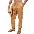 thumbnail image 3 of BiZtdJrK Yellow Mens Drawstring Linen Tapered Pants Elastic Waist Cargo Joggers Sweatpants Summer Lightweight Beach Pants with Pockets XXL, 3 of 10