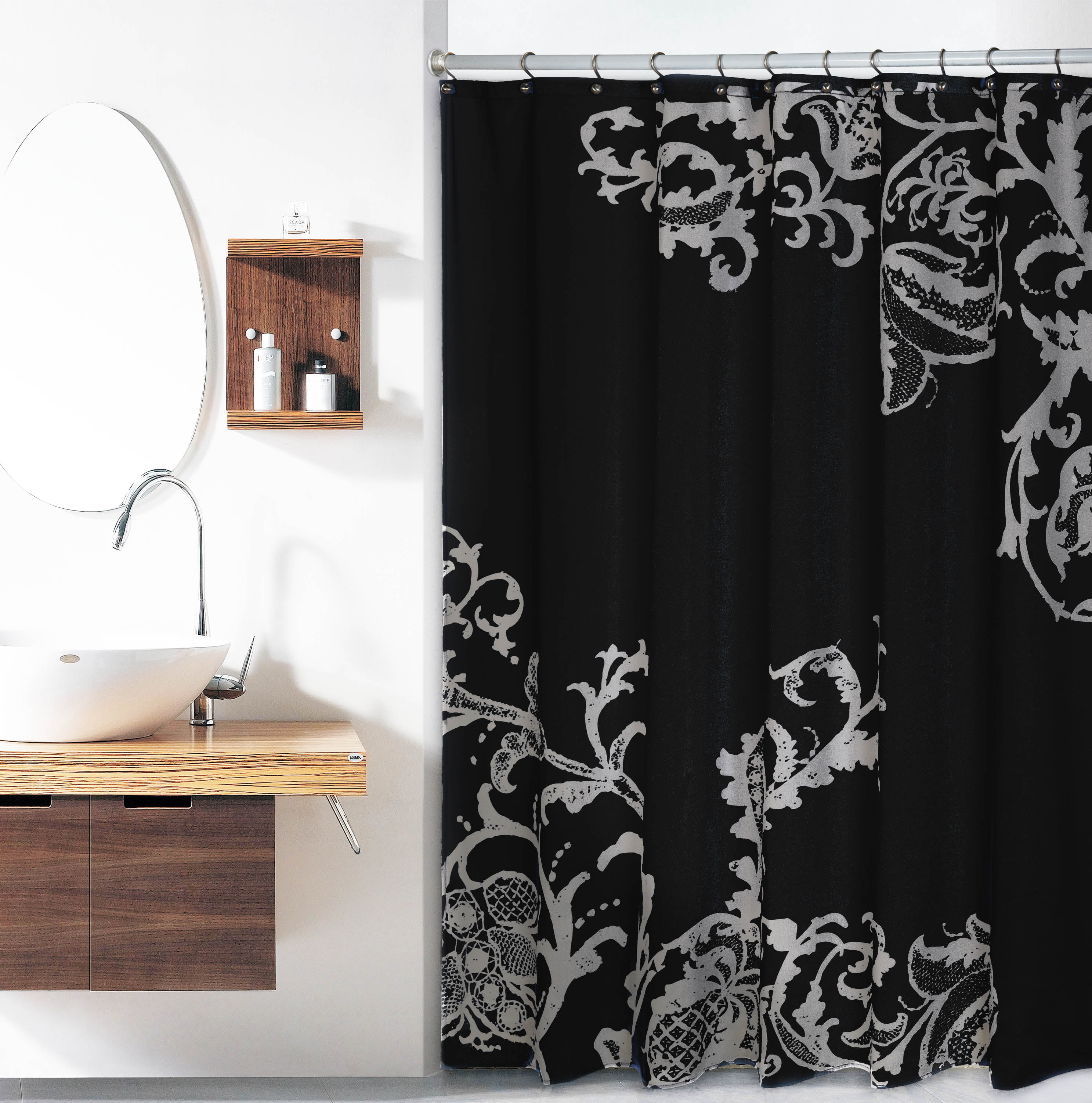 Black Luxury Fabric Shower Curtain With Gray Floral Pattern