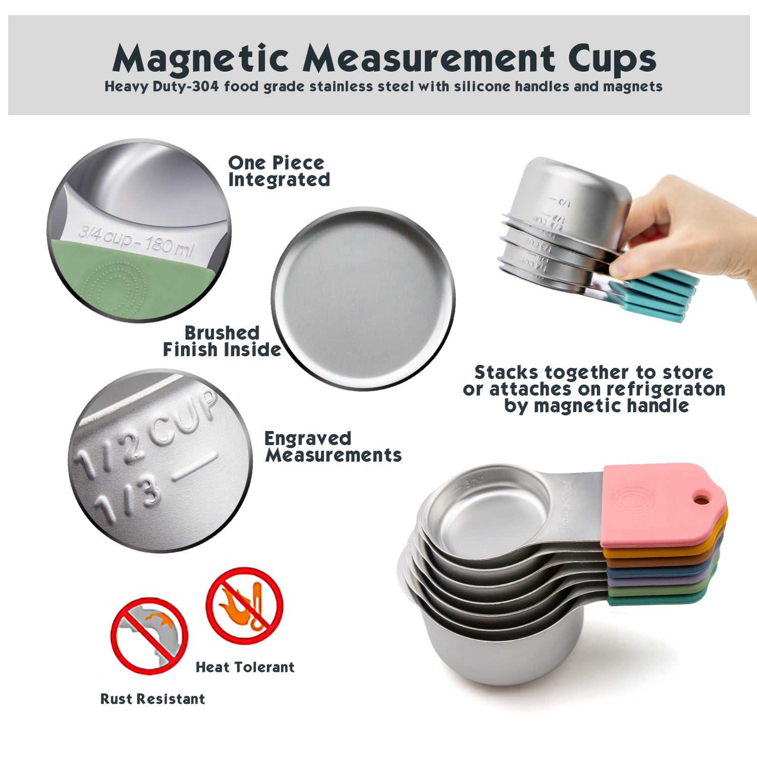 Stainless Steel Magnetic Stackable Collapsible for Liquid Dry Ingredients Measuring Cup Set, Set of 7, Multi-Color
