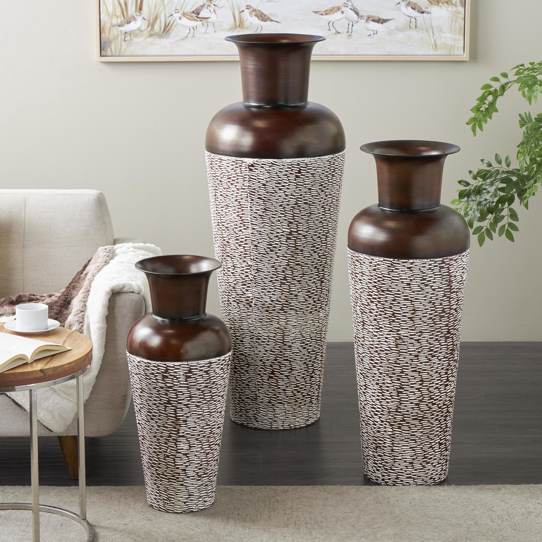 DecMode 18", 39", 28"H Tall Tapered Floor White Metal Vase with Brown Trumpet Tops, Set of 3