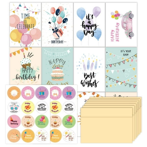 24 Pcs Birthday Cards with Envelopes and Stickers - Thank You Greeting Card Set for Kids Party Favors