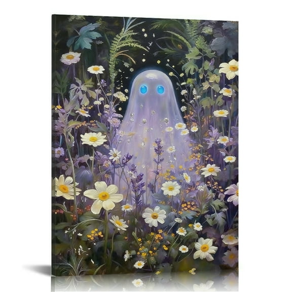 Hidden Frame Canvas Wall Art - Enchanted Ghost & Flower Garden Decor Healing Fairy-Tale-Style Popular Wall Decor for Bedroom 16x24in