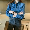 thumbnail image 4 of JIANJIA Blouses For Women Dressy Casual Linen Denim Solid Color Lapel Long Rolled Sleeve Jean Jacket Autumn Winter Tops Outwear, 4 of 7
