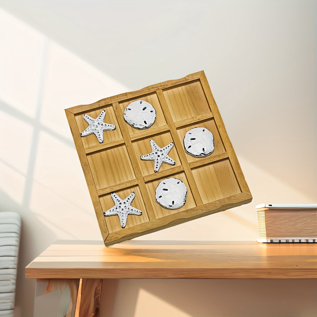 WOWME Wooden Tic - Tac - Toe Beach Game Board with Sand Dollars & Starfish - Perfect for Family & Party Fun
