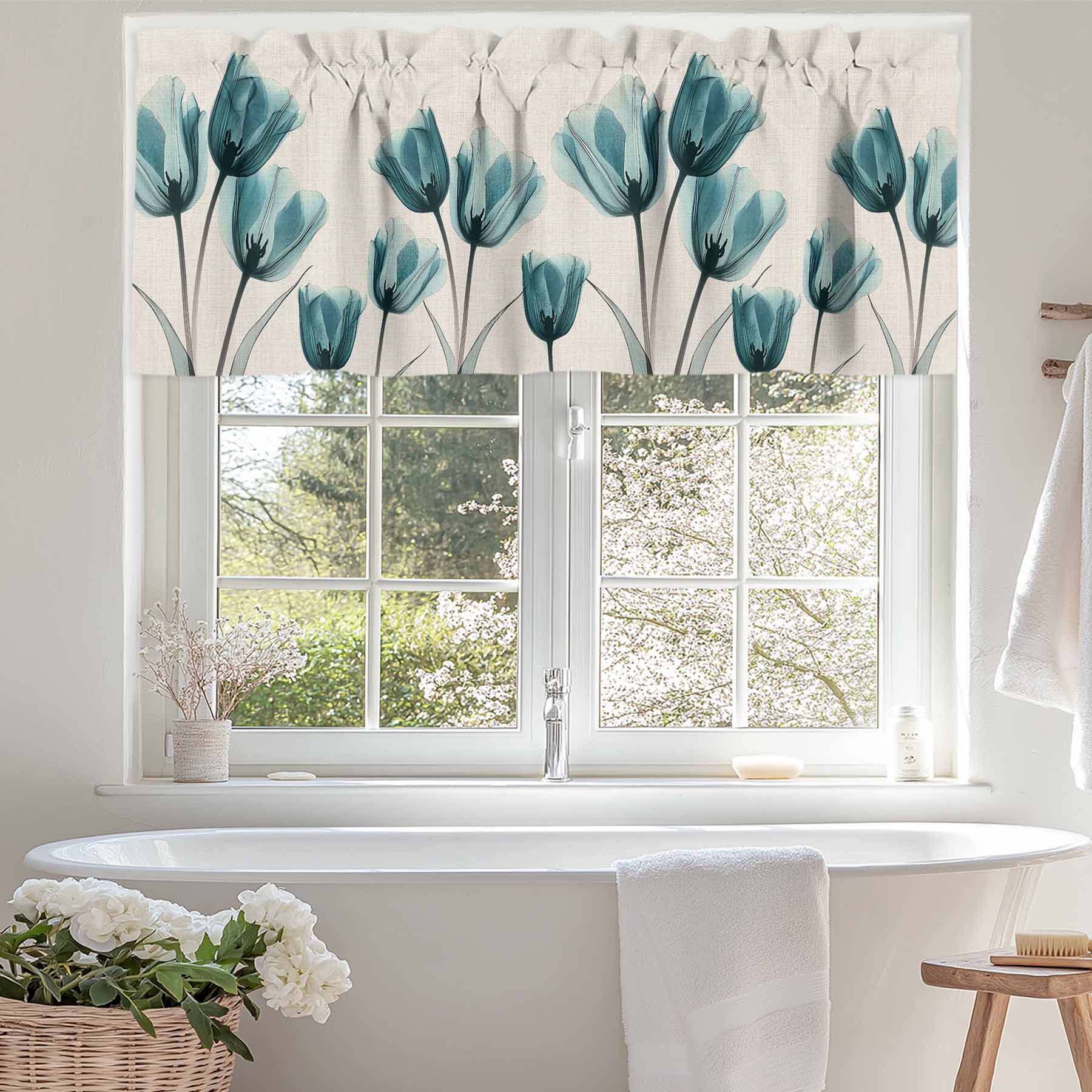 Teal Tulip Valances for Windows, 54 x 18in, Minimalist Modern Flower Art Linen Background Rod Pocket Kitchen Valance Curtain Light Filtering Window Treatments for Living Room Bedroom, 1 Panel