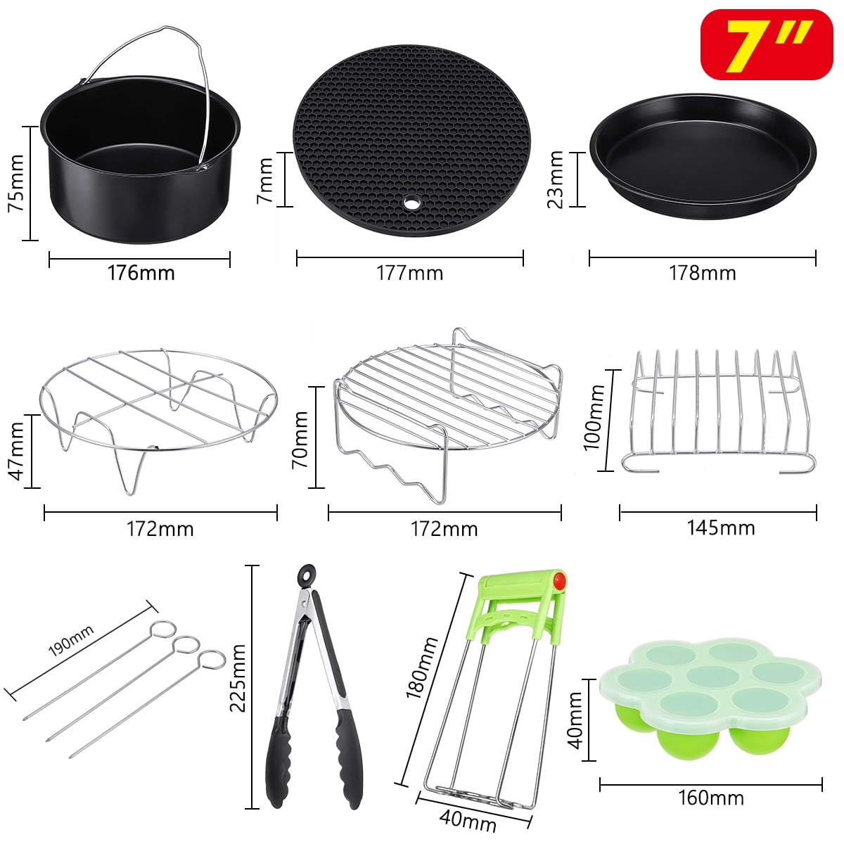 Pizza Pan,Skewer Rack,Patty paper 100pc CrownVirt Air Fryer Accessories Set of 12 Fit All 4.2Qt-5.8Qt Air Fryers,With 7 Inch Cake Pan .Non stick pot,Safe And Harmless,Can Put in Dishwasher -Black.